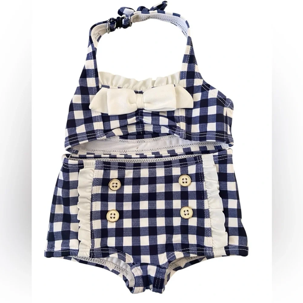 Janie and Jack Blue and White Plaid swimsuit with sandals